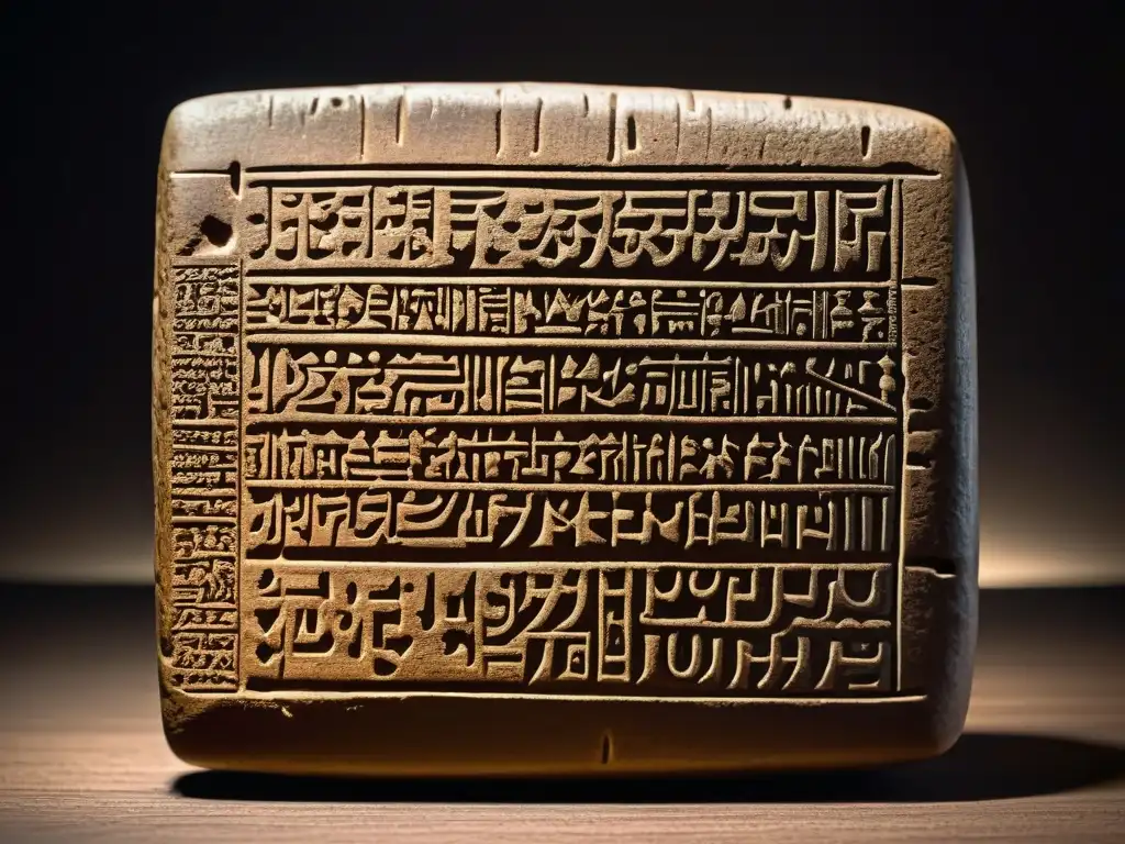 Tableta de arcilla sumeria con escritura cuneiforme, iluminada suavemente sobre madera oscura, muestra la antigua civilización sumeria