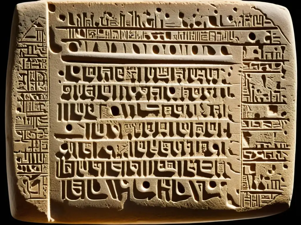 Una tableta de arcilla sumeria con escritura cuneiforme iluminada por luz natural, mostrando su belleza y complejidad