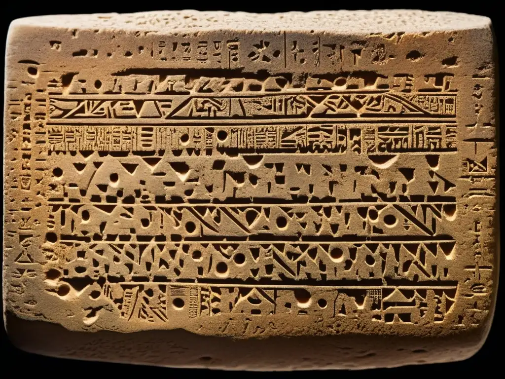 Tableta de arcilla ugarítica con inscripciones cuneiformes, desgastada por el tiempo en una sala tenue, evocando misterio y nostalgia