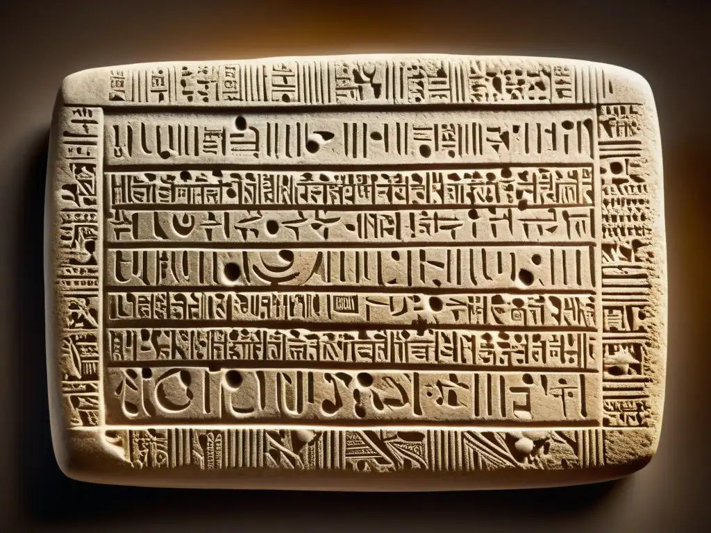 Una tableta de arcilla vintage con inscripciones cuneiformes, mostrando su textura y detalles desgastados