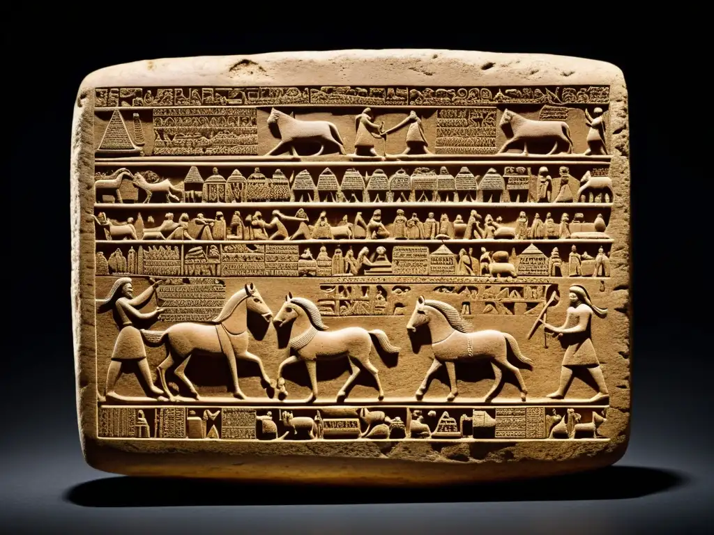 Tableta de cuneiforme bien conservada, con detalladas escenas de la vida cotidiana en Mesopotamia antigua, iluminada en contraste con un fondo oscuro