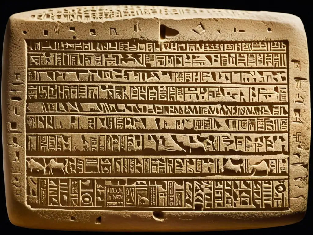 Fotografía vintage de una tableta cuneiforme bien conservada, evocando los orígenes del sistema de escritura cuneiforme en Mesopotamia