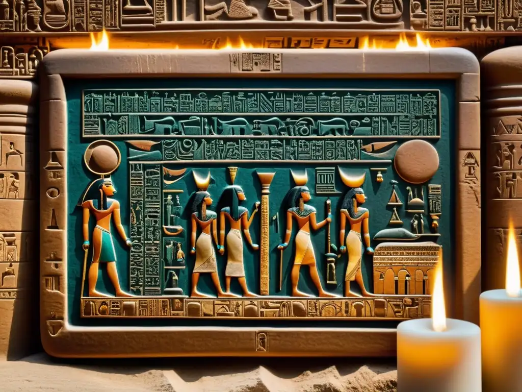 Misterioso jeroglífico egipcio tallado en antigua tableta Tableta egipcia tallada con jeroglíficos en un retiro de amantes de la escritura jeroglífica en Egipto