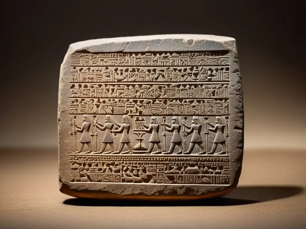 Tableta de escritura cuneiforme Mesopotamia: caracteres intrincados en arcilla oscura, con deidades y símbolos antiguos