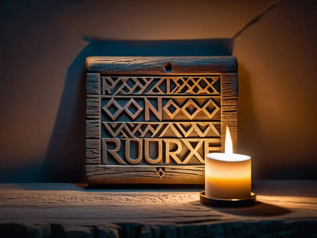 Tableta de madera antigua con runas nórdicas iluminadas por velas, evocando la magia de las runas nórdicas en una cámara misteriosa