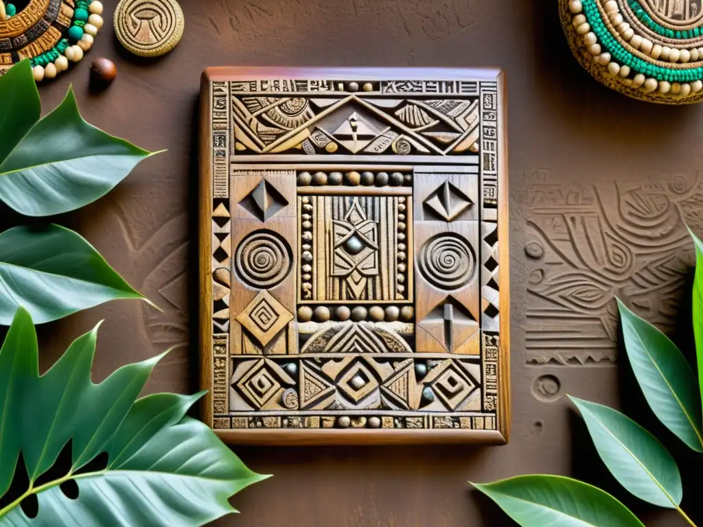 Tableta de madera envejecida cubierta de escritura tribal en África, rodeada de arte tradicional africano y naturaleza exuberante