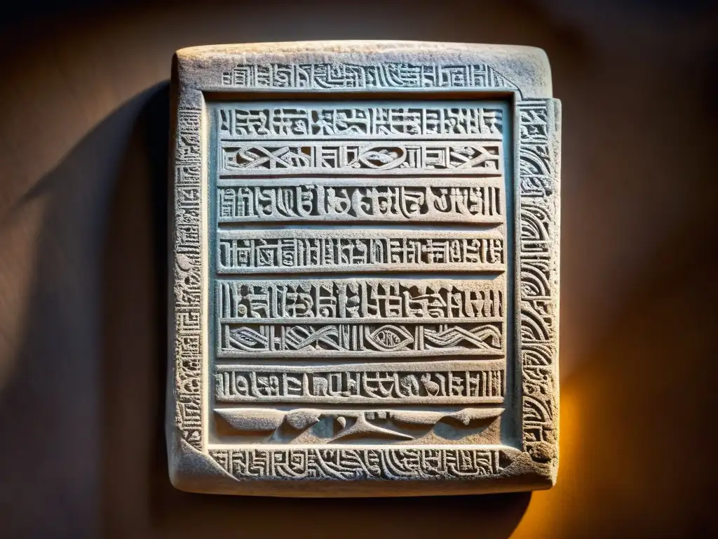Tableta de piedra antigua con escritura misteriosa y ambiente académico Una tableta de piedra antigua con intrincados grabados en un ambiente cálido y nostálgico, evocando la preservación de idiomas antiguos