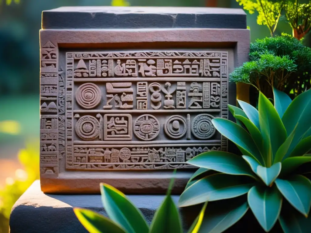 Tableta de piedra con glifos Zapotecas en Monte Albán, iluminados por el cálido sol poniente entre exuberante vegetación