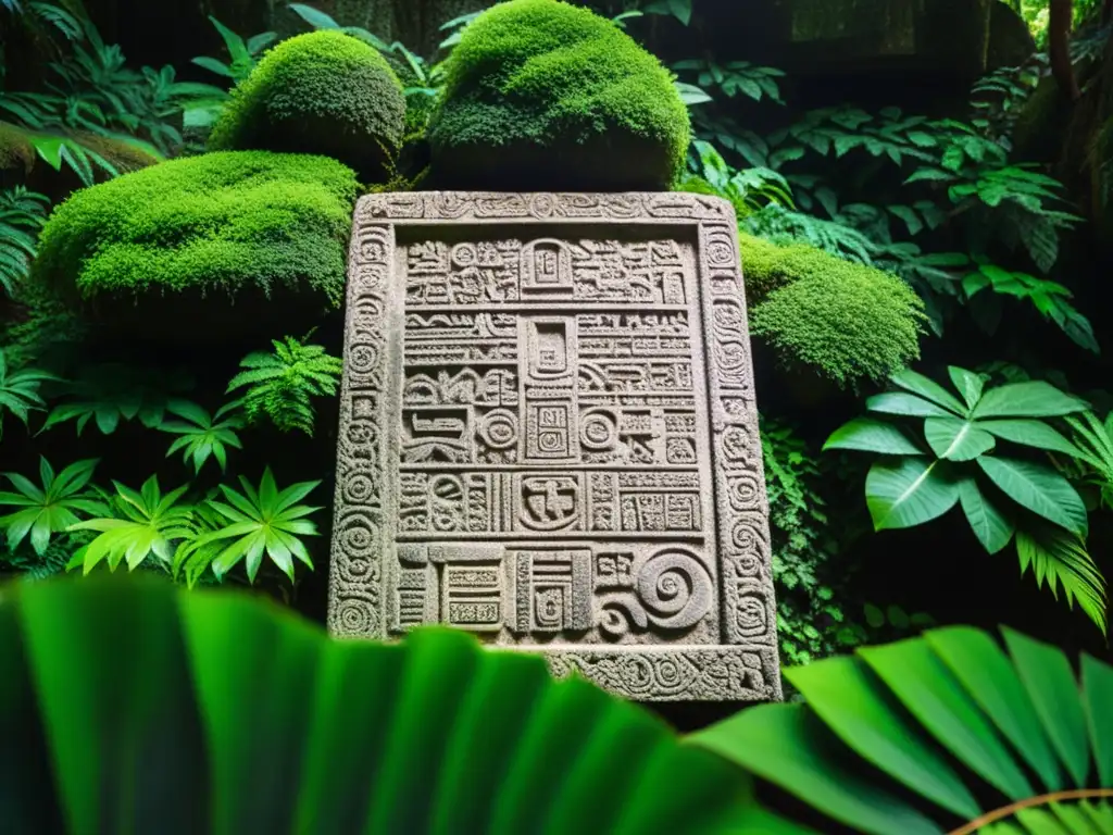 Tableta de piedra maya cubierta de musgo en la selva de Guatemala, evocando misterio y sabiduría antigua