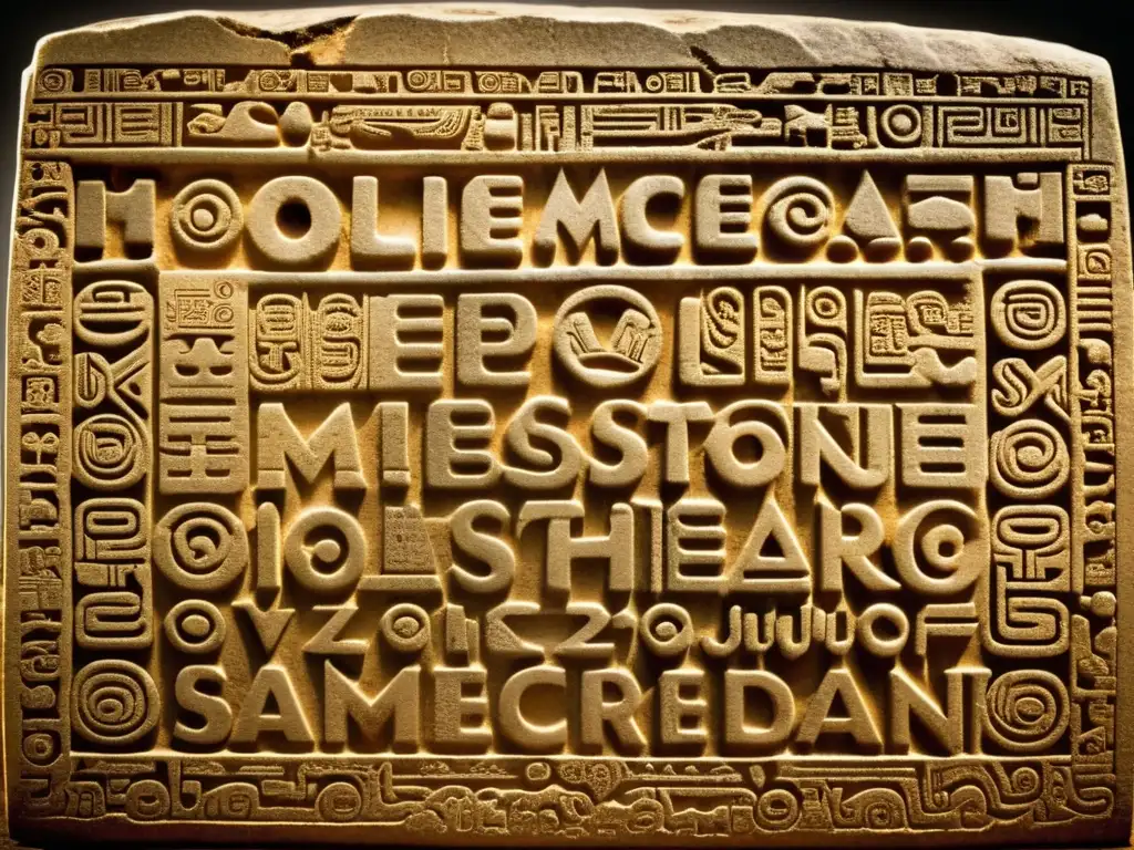 Fotografía vintage de una tableta de piedra olmeca con inscripciones y arte en bajorrelieve, evocando la escritura mesoamericana