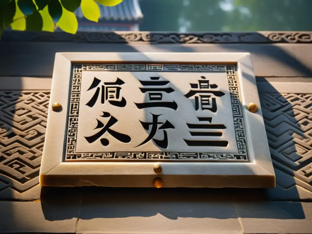 Una tableta de piedra tallada con caligrafía china antigua, en un majestuoso patio de palacio