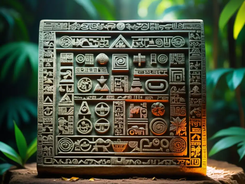 Una tableta de piedra tallada con precisión, muestra glifos mayas iluminados por el sol entre la exuberante selva