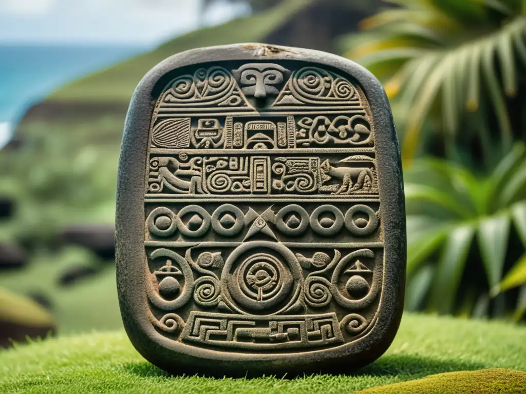 Una tableta RongoRongo de Isla de Pascua, con intrincados grabados y símbolos antiguos, en una atmósfera de misticismo y profundidad histórica