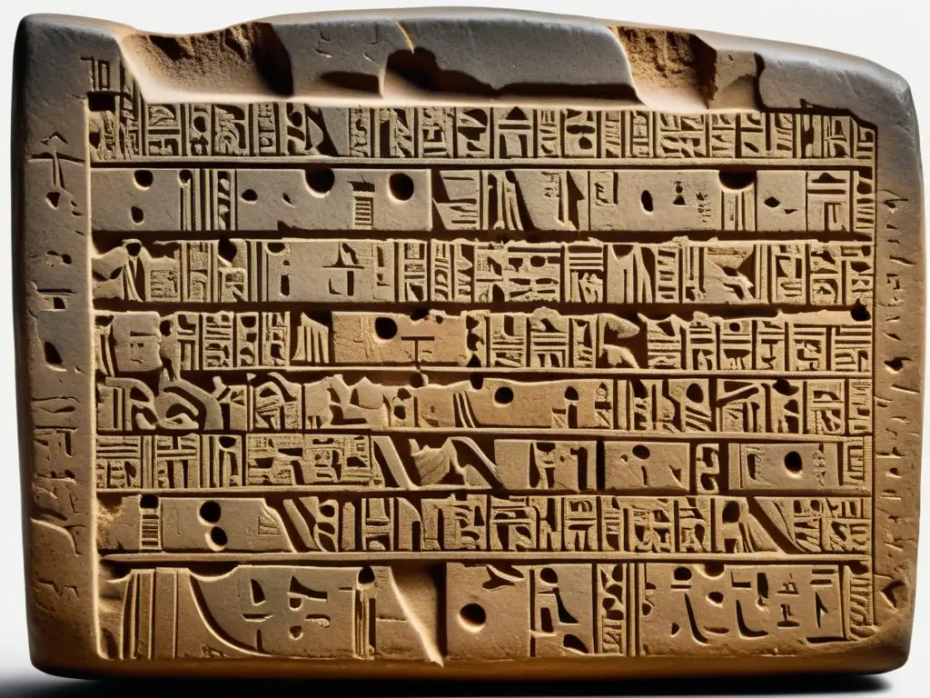 Tableta de arcilla cuneiforme: antigua escritura sumeria en detalle Una tablilla de arcilla envejecida con escritura cuneiforme, material didáctico para escribir cuneiforme, evocando la antigua escritura sumeria
