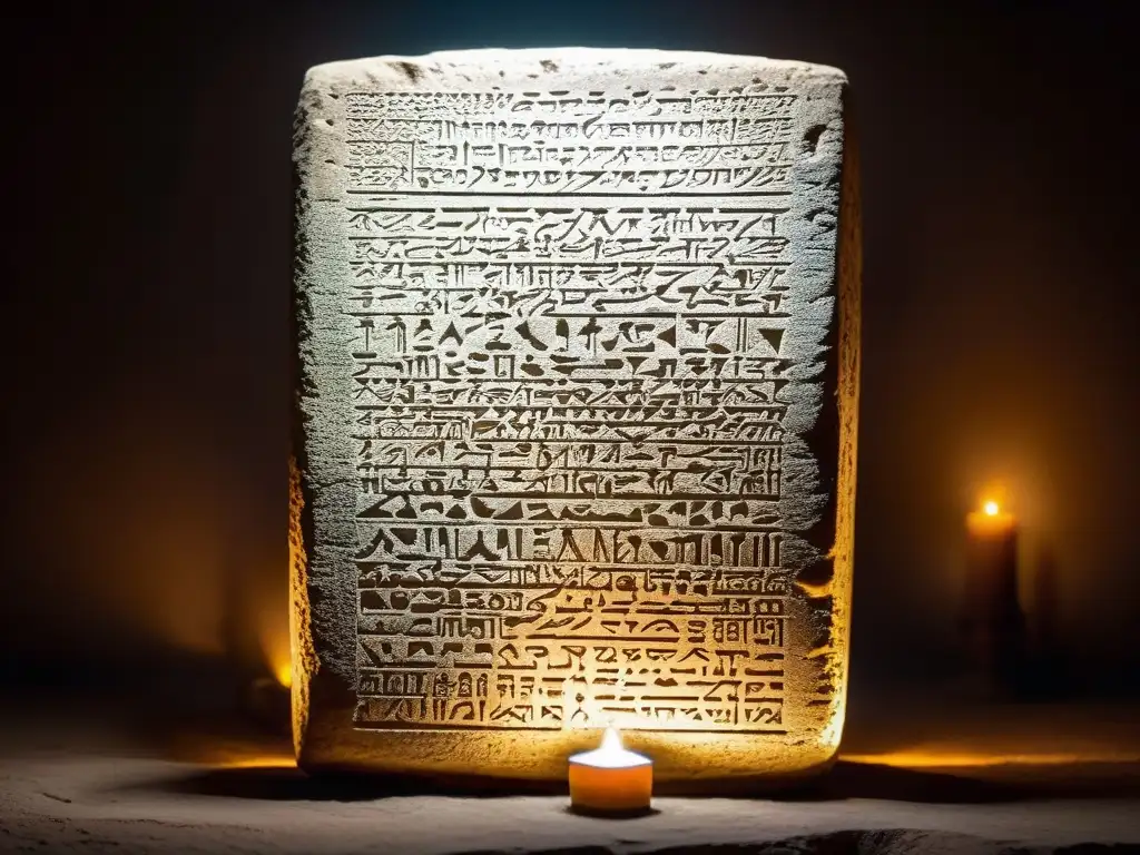 Tablilla mesopotámica con escritura cuneiforme iluminada por velas en un templo, evocando impacto histórico y sabiduría antigua