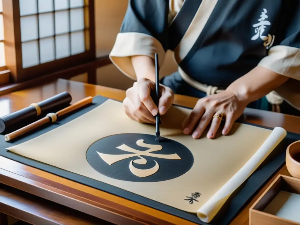 Un taller de caligrafía japonesa con maestro demostrando elegantes trazos en papel washi, rodeado de decoración clásica