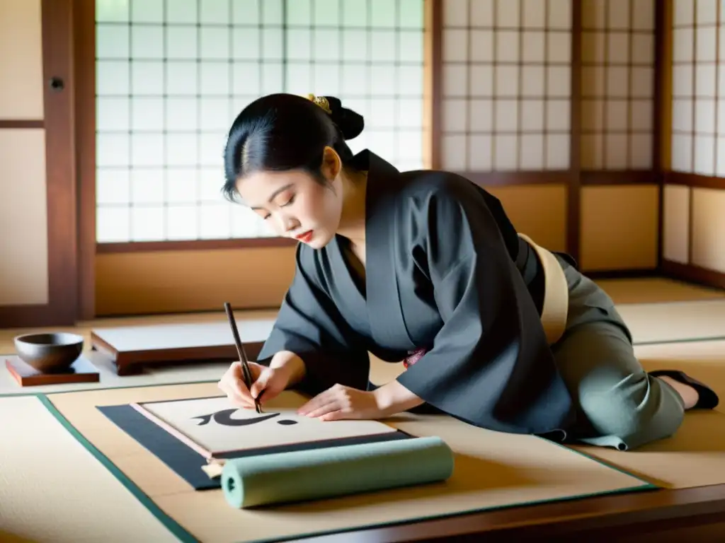 Un taller de caligrafía zen en Japón, con maestro y alumnos inmersos en la serena práctica, luz natural y belleza