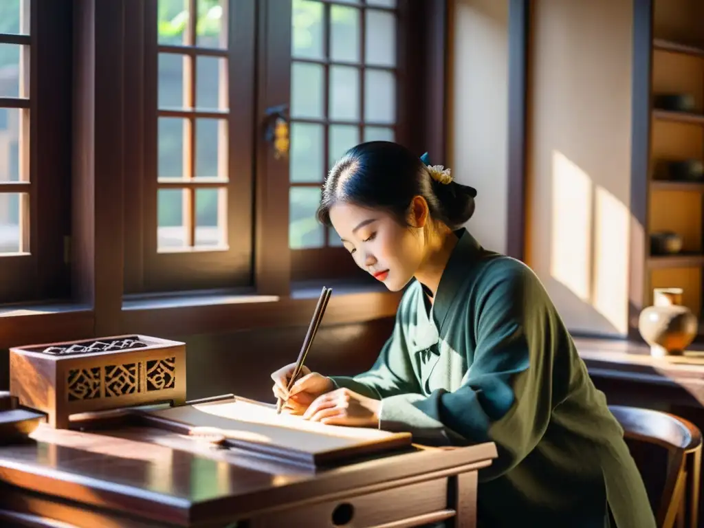 Un taller de escritura histórica China con maestro y estudiantes, rodeados de antiguos instrumentos y ornamentos