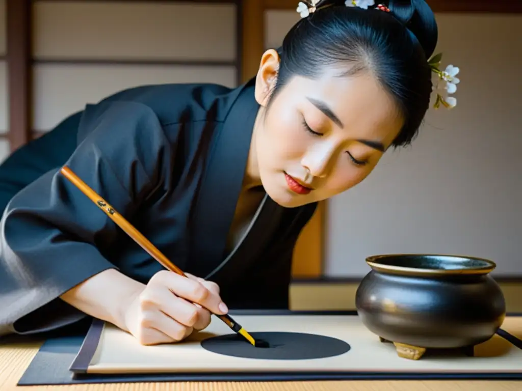 Talleres de caligrafía japonesa tradicional con maestro creando elegantes caracteres en papel washi, inmerso en la atmósfera serena de Kioto