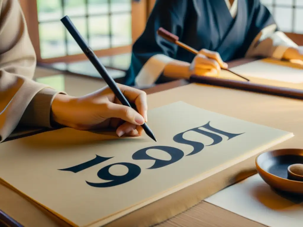 Talleres de escritura Hangul en Seúl: un espacio sereno y elegante donde estudiantes practican la caligrafía tradicional coreana con pinceles e tinta