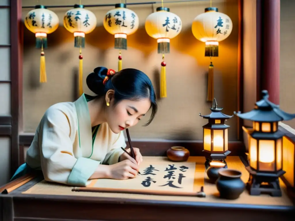 Talleres de escritura histórica China: Artesanos chinos escriben con caligrafía en un taller lleno de herramientas antiguas y una atmósfera nostálgica