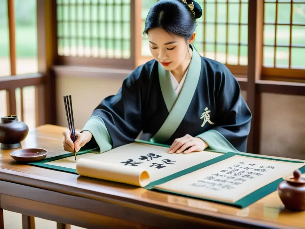 Talleres de escritura histórica China: Maestro de caligrafía demostrando el arte en un patio chino tradicional con estudiantes atentos