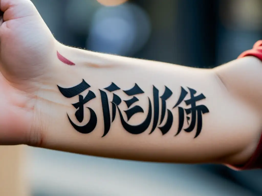 Un tatuaje de Hanzi recién hecho en el antebrazo, con los caracteres chinos que significan 'fuerza', 'coraje' y 'resiliencia'