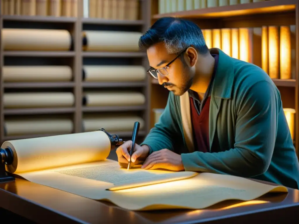 Un técnico escanea y digitaliza con cuidado un antiguo pergamino en una biblioteca vintage