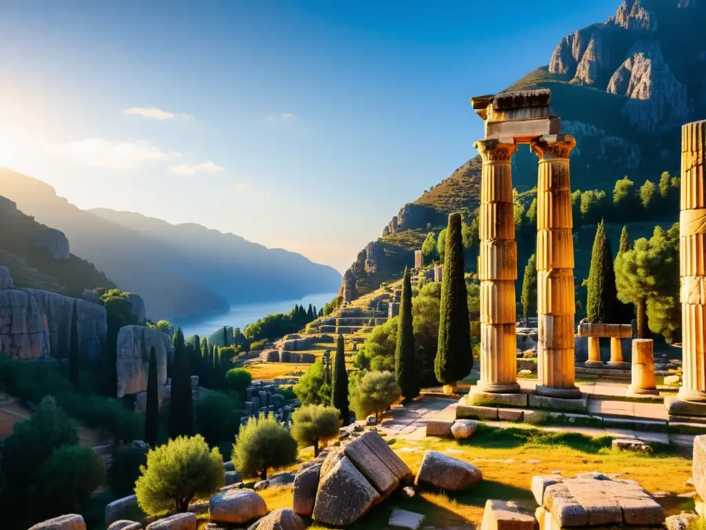 Temple of Apollo en Delphi con inscripciones griegas iluminadas por la suave luz dorada del amanecer