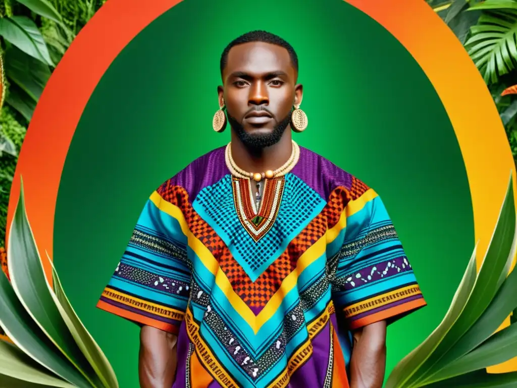 Textil africano con vibrantes patrones geométricos y colores, simbolismo tradicional y fondo de exuberante vegetación