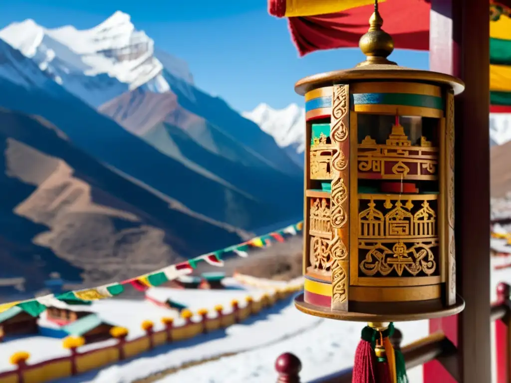 Prayer wheel tibetano en la montaña con transcripción de mantras sagrados tibetanos