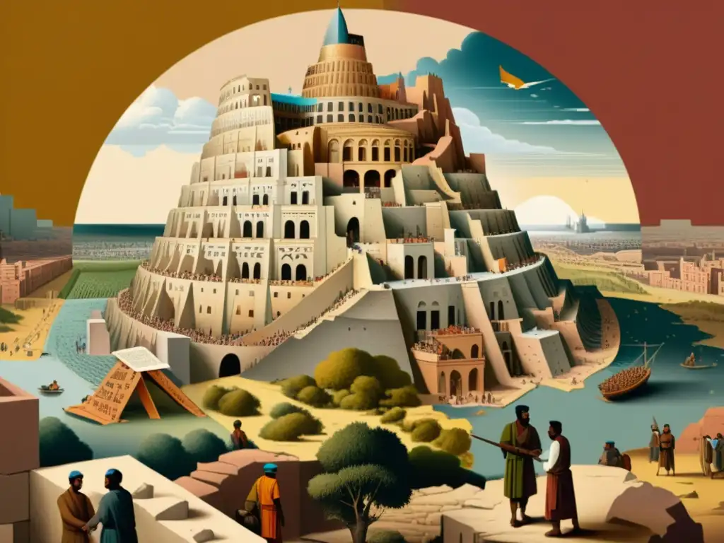 Ilustración vintage de la Torre de Babel con colores cálidos y trabajadores construyendo, simbolizando el desafío de la traducción universal y el potencial de la IA en superar barreras lingüísticas