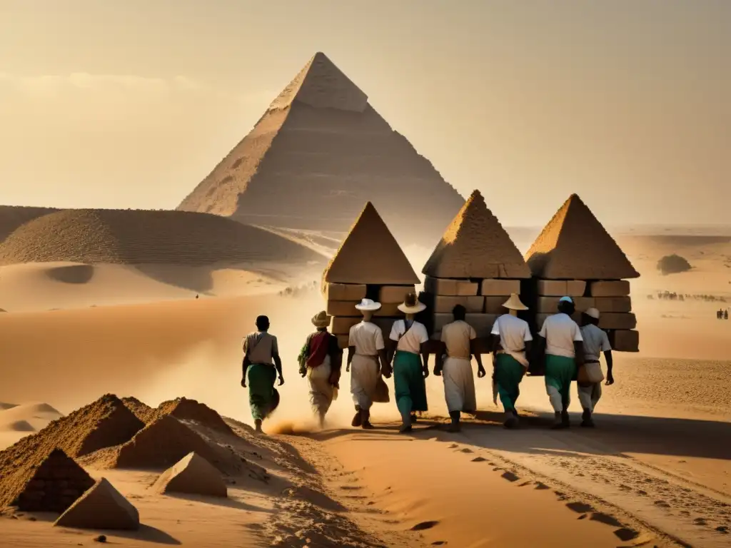 Trabajadores arrastrando bloques de piedra en el desierto, con la Gran Pirámide de Giza al fondo