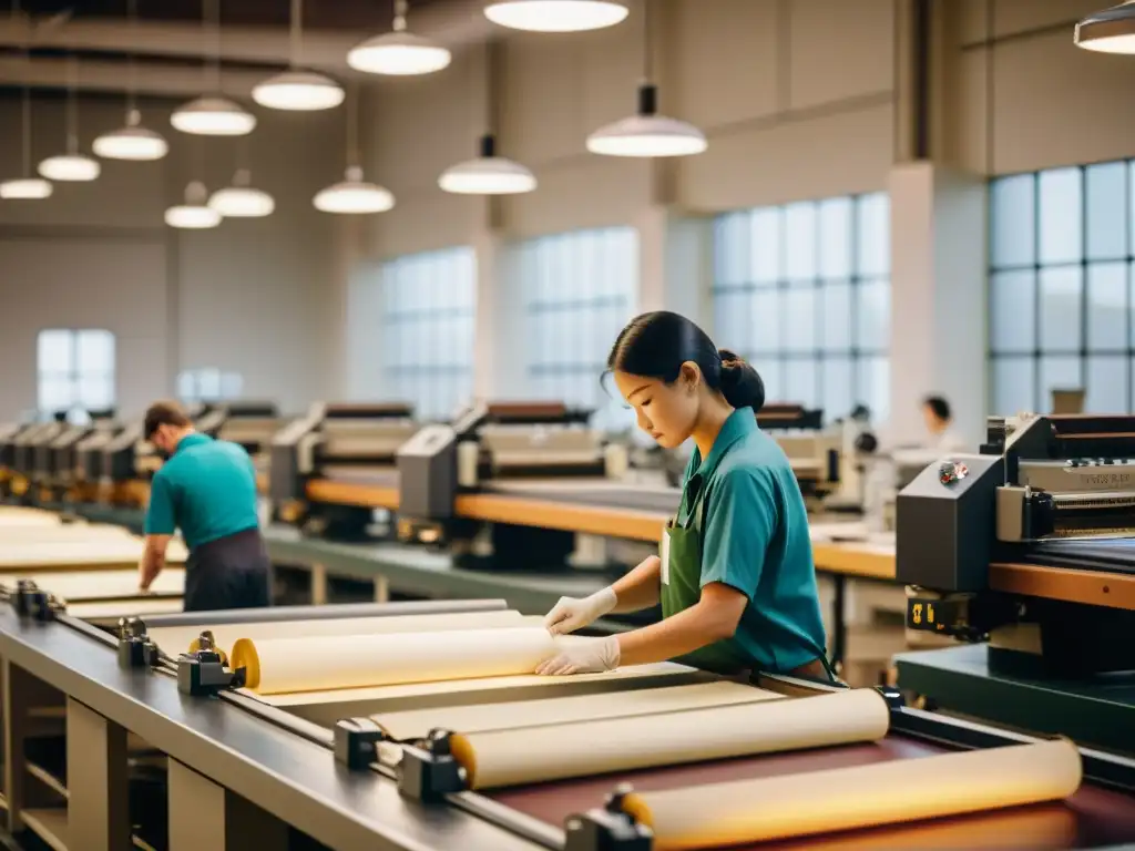 Trabajadores fusionando tecnologías en la producción de manuscritos, evocando artesanía y dedicación en una atmósfera cálida y nostálgica