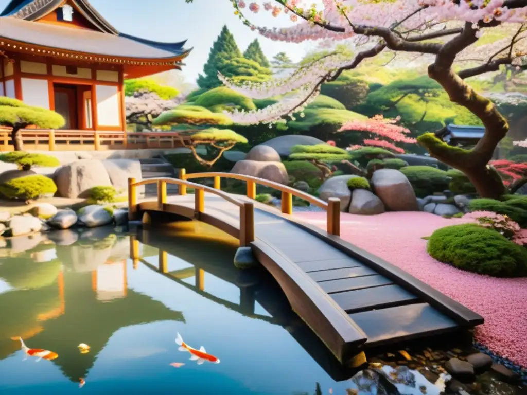 Jardín japonés tradicional con estanque de peces koi, puente de madera y flores de cerezo en plena floración, irradiando serenidad y armonía