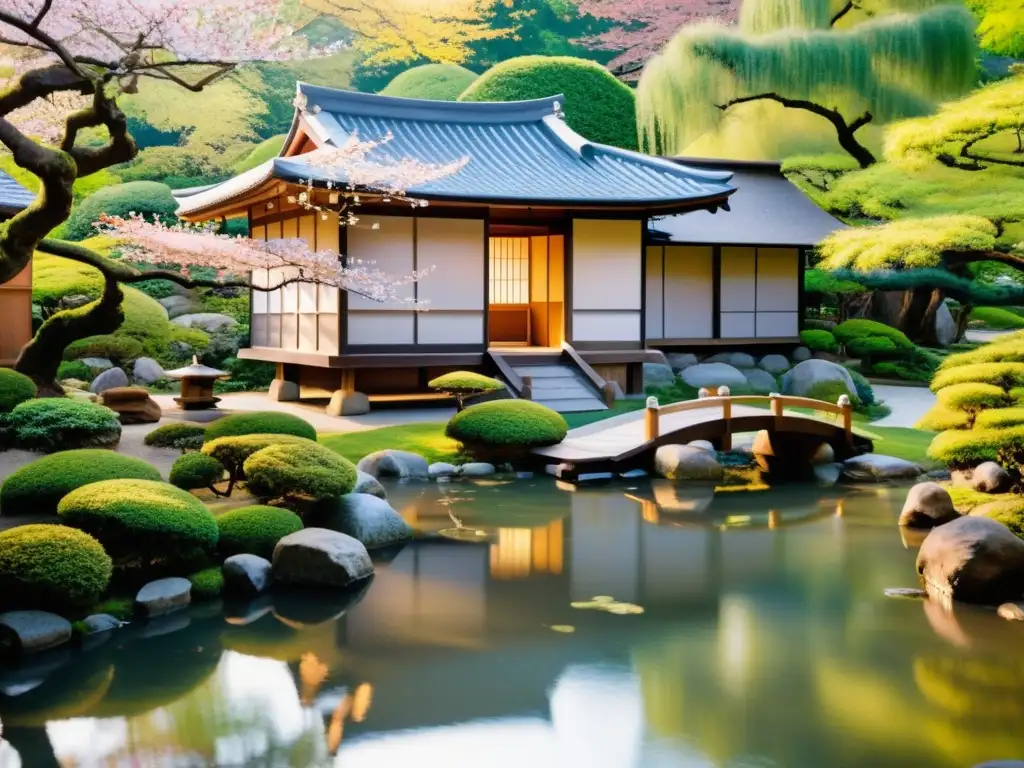 Tranquilo jardín japonés con talleres de caligrafía y escritura japonesa tradicional, rodeado de cerezos en flor