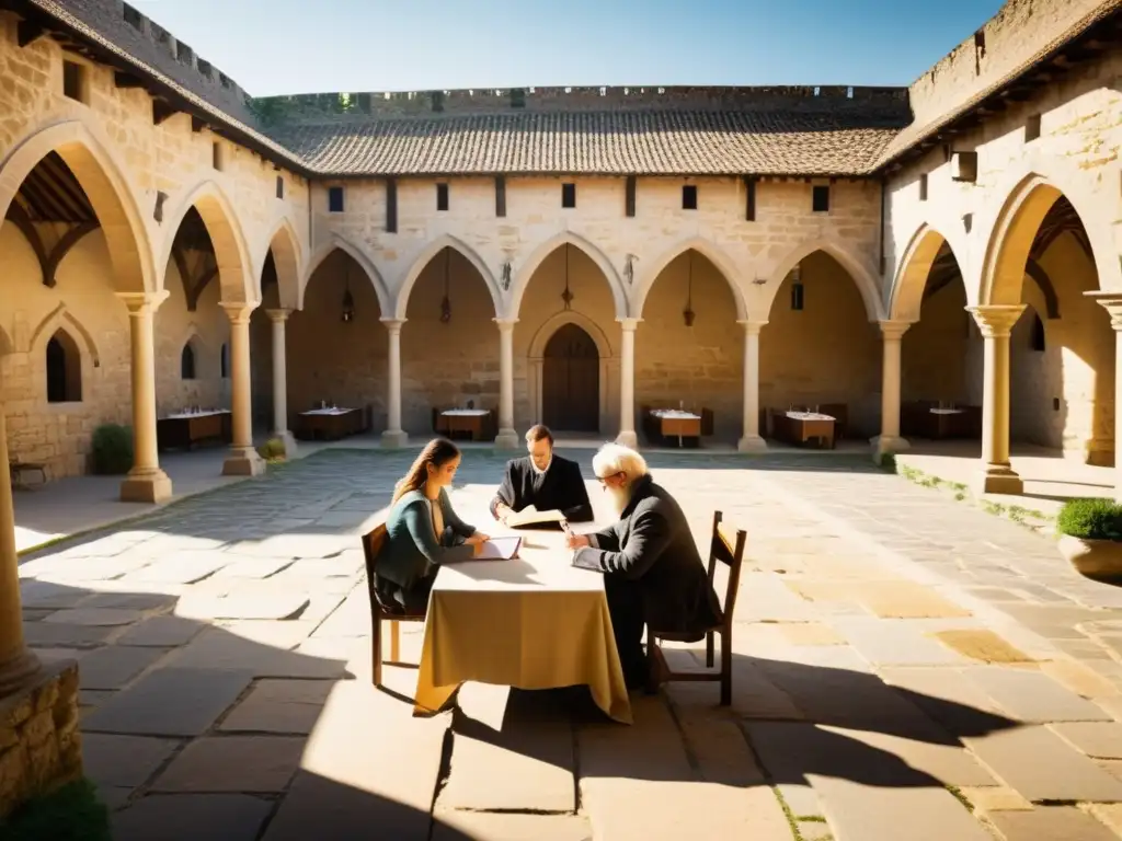 Un tranquilo patio bañado por el sol en una abadía medieval, donde escritores se reúnen en mesas de madera mientras sus plumas rasgan el pergamino