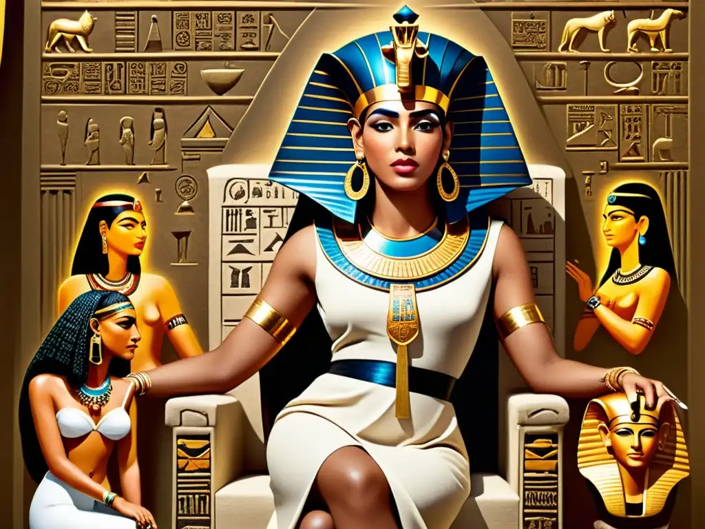 Cleopatra reina en su trono, rodeada de jeroglíficos y símbolos egipcios, exudando poder y misterio