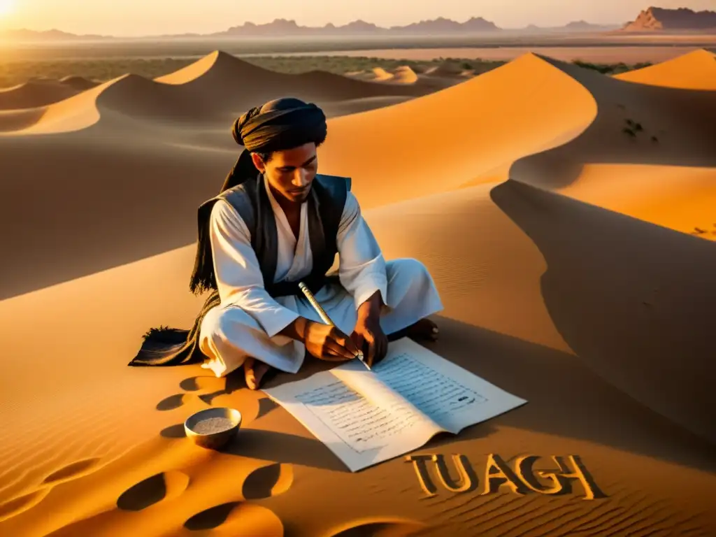 Un tuareg escribe con caligrafía Tifinagh en el desierto al atardecer, evocando la escritura Tifinagh tuaregs y su herencia cultural