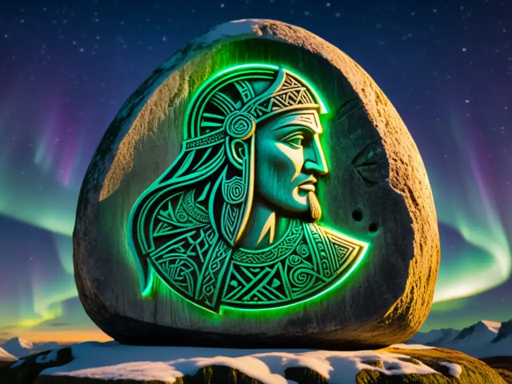 Un valiente guerrero vikingo talla runas nórdicas en una piedra mientras las luces del norte iluminan el cielo nocturno