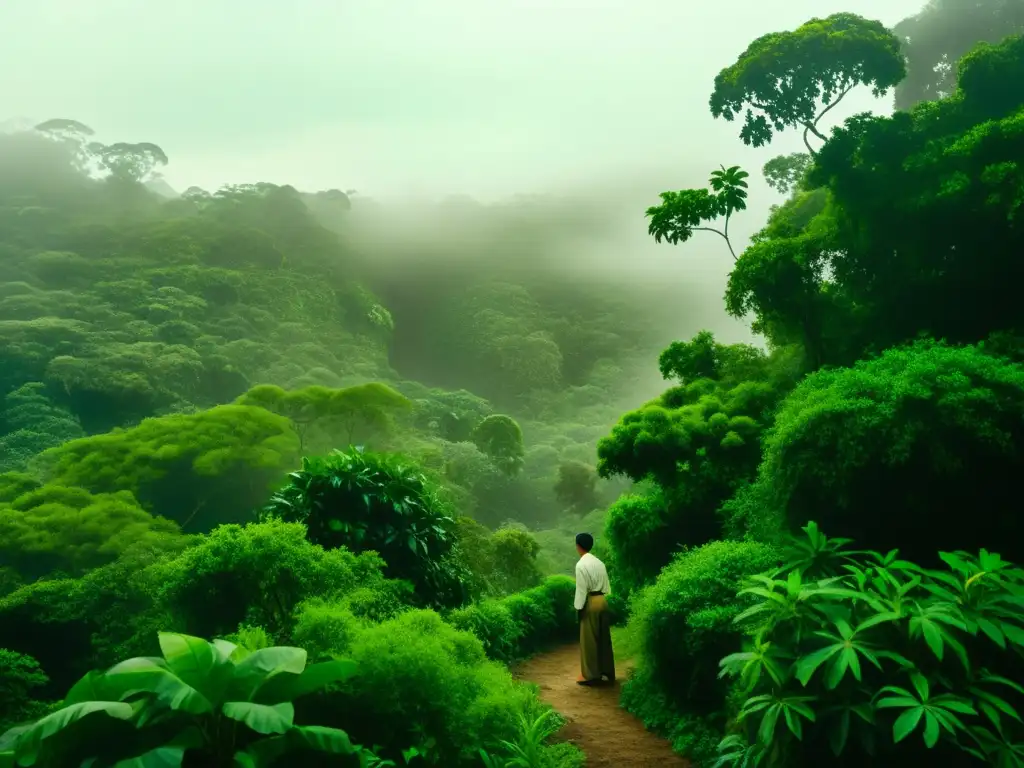 Un viajero solitario contempla un exuberante paisaje de jungla, evocando el simbolismo en Cien años de soledad