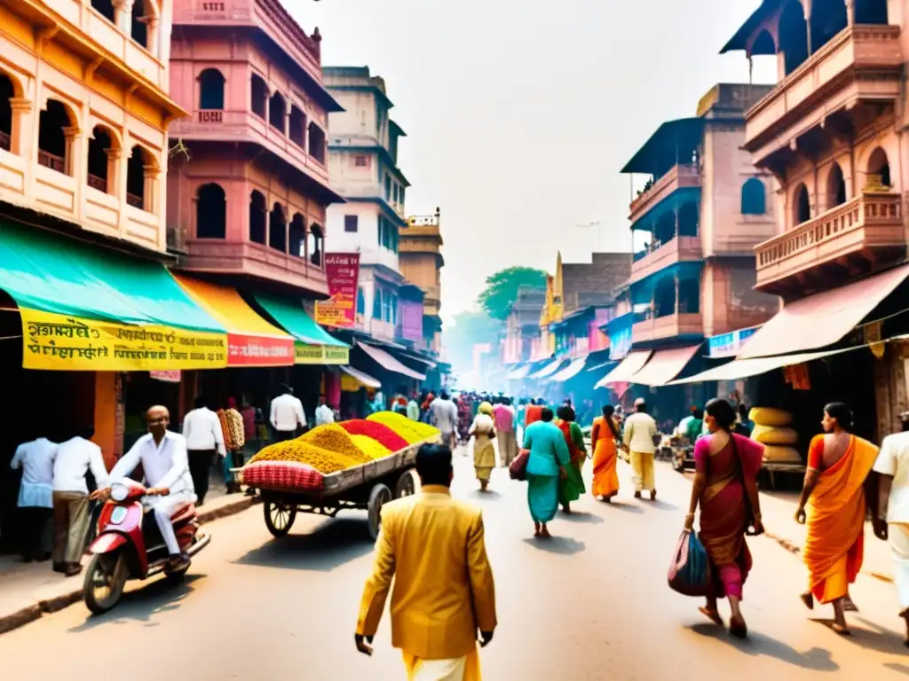 Vibrante calle de Varanasi, India, con colores y edificios tradicionales