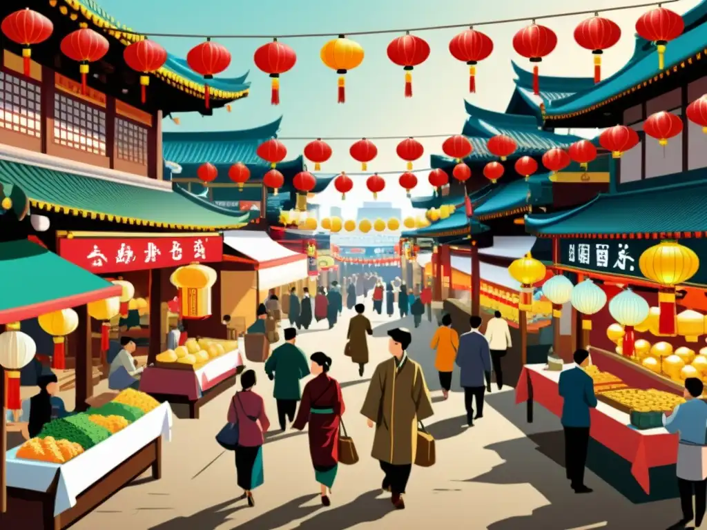 Mercado asiático vibrante con Hanzi Vibrante mercado asiático con influencia del Hanzi en Asia: personajes, arquitectura y cultura tradicional se entrelazan en una ilustración vintage