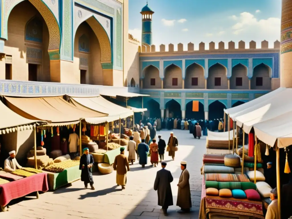 Vibrante mercado con textiles tradicionales en Samarkanda, evocando la era de la Ruta de la Seda y los sistemas de escritura Asia Central