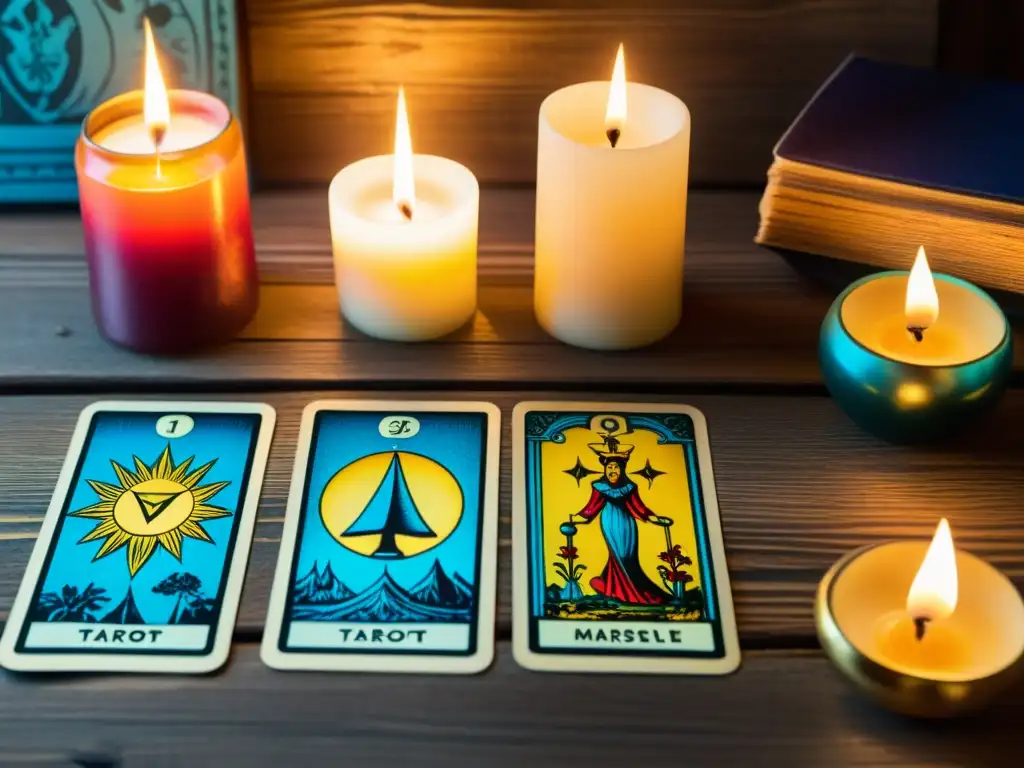 Vibrante ilustración del Tarot de Marsella en mesa de madera iluminada por velas, invitando a la interpretación histórica de las cartas