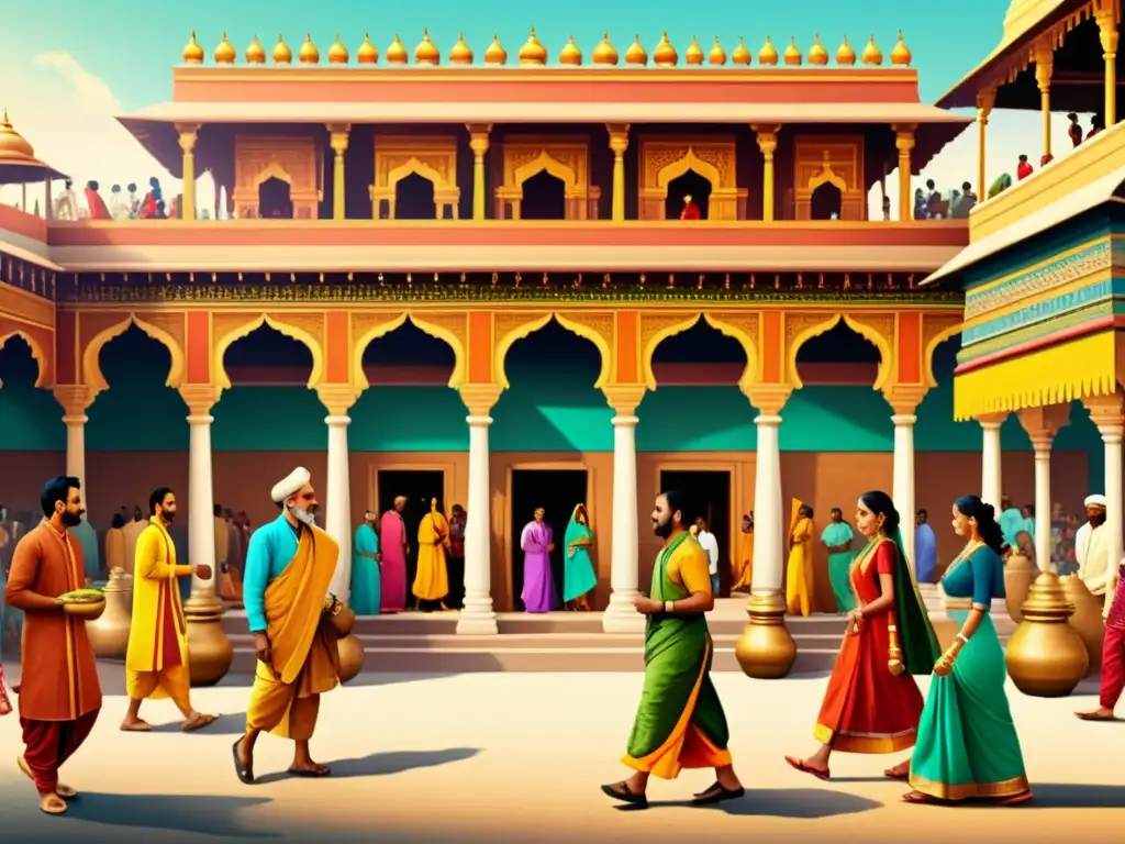 'Ilustración vintage de la vida diaria en la antigua India, con usos cotidianos del prácrito en bullicioso mercado y arquitectura tradicional