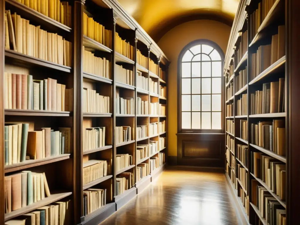 Vieja biblioteca llena de libros y documentos antiguos, iluminada por cálida luz solar