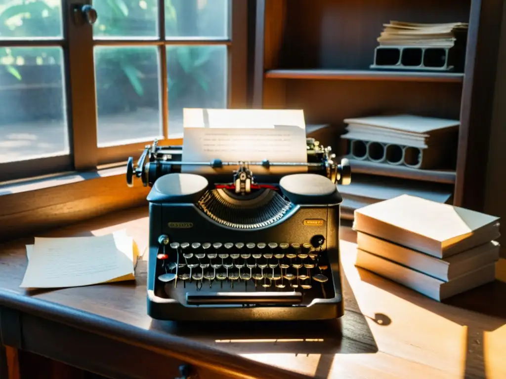 Vieja máquina de escribir rodeada de papeles y una lámpara vintage, bañada por luz cálida
