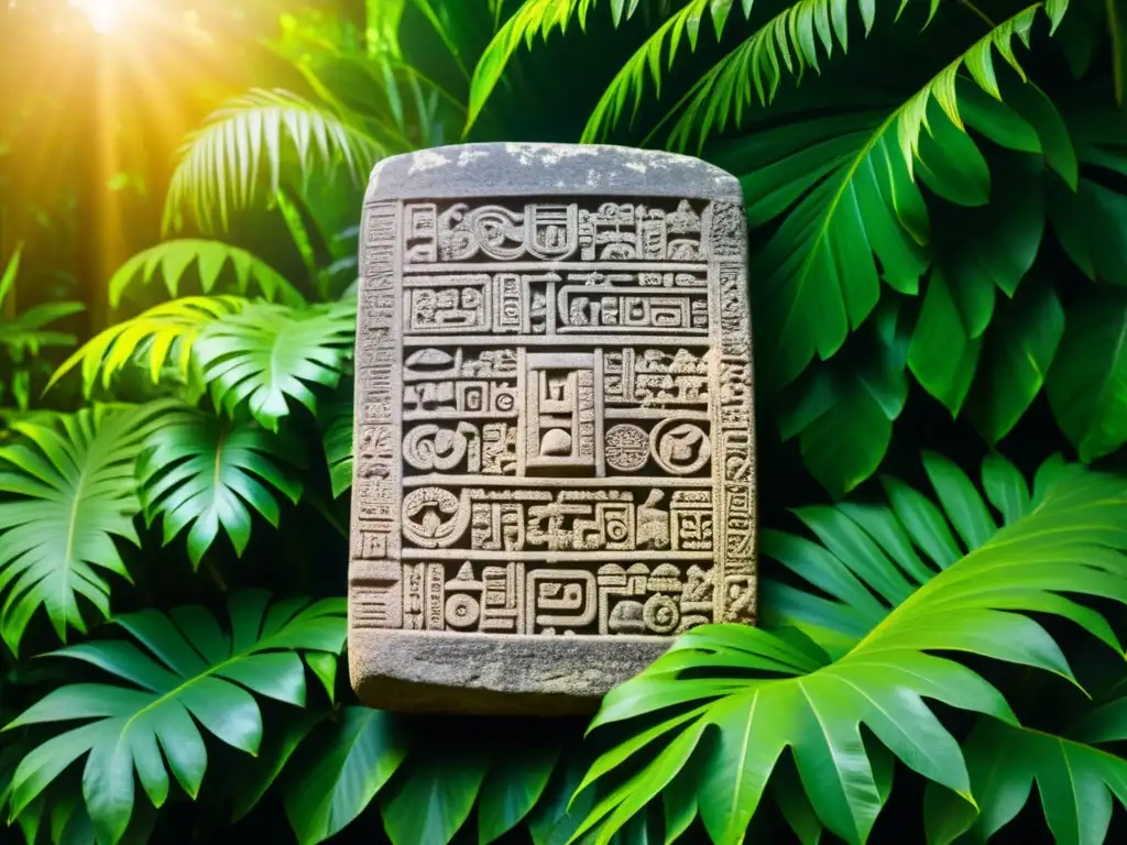 Vieja tableta de piedra maya iluminada por el sol entre la exuberante vegetación, invita a descubrir la escritura maya en línea