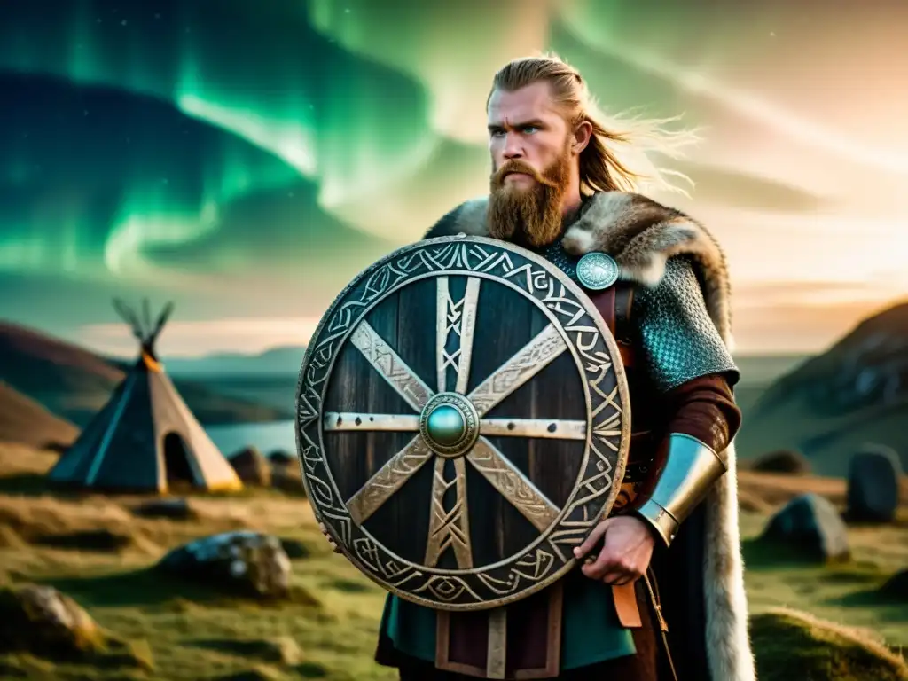 Vikingo con escudo de runas nórdicas ante paisaje místico con aurora boreal